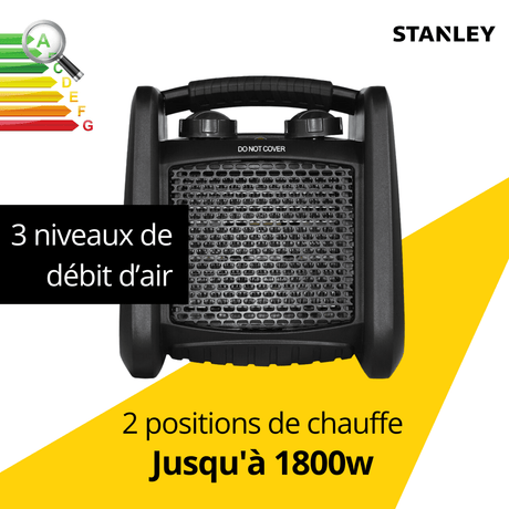 Chauffage électrique pour chantier CÉRAMIQUE PRO 1800W - Fusible de sécurité - 2 positions de chauffe - STANLEY