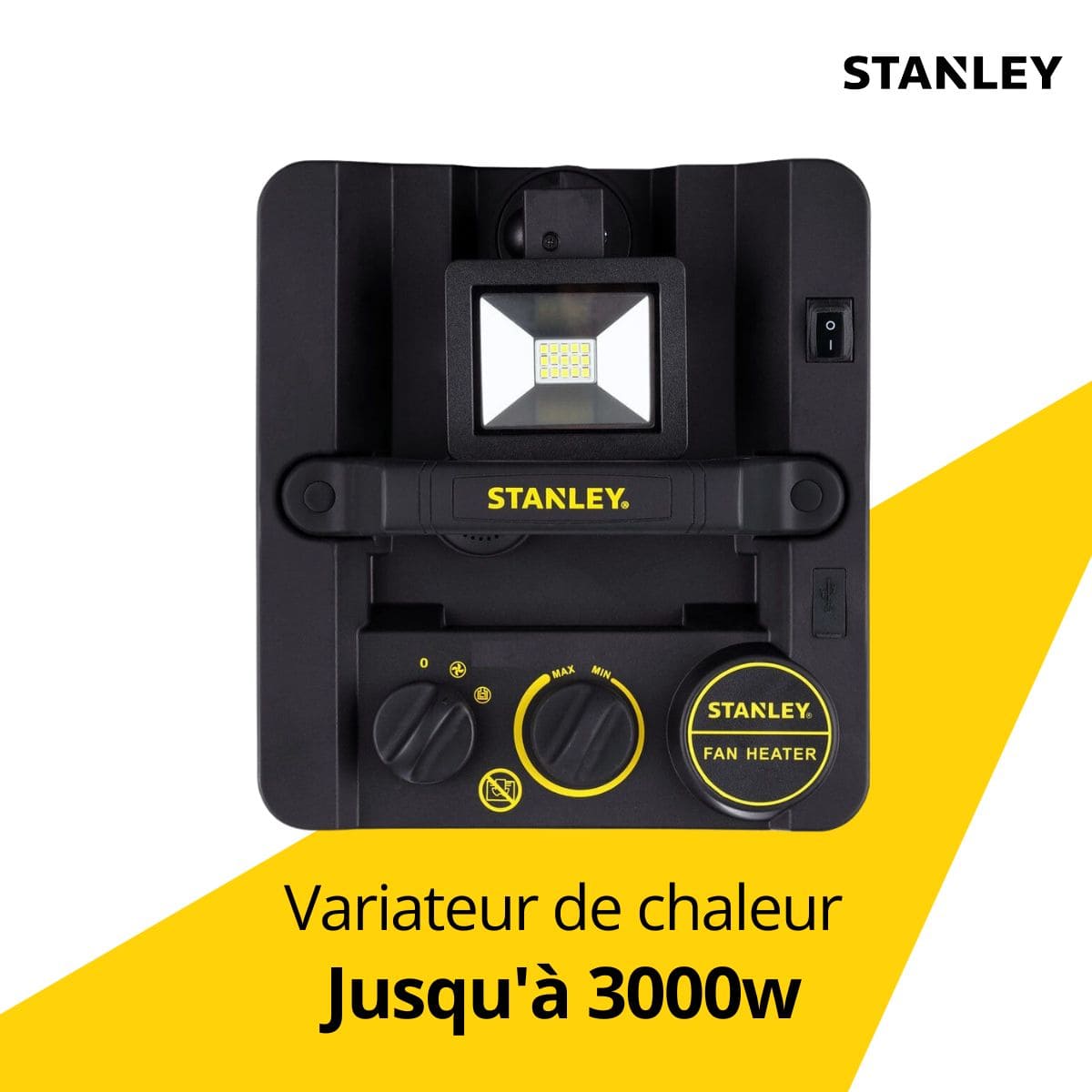 Chauffage électrique de chantier industriel 3000W - Projecteur LED orientable - 2 positions de chauffe - Jaune - Stanley