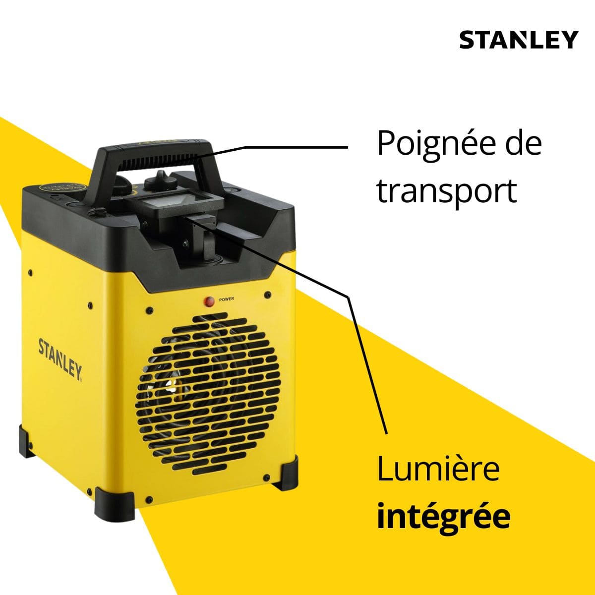 Chauffage électrique de chantier industriel 3000W - Projecteur LED orientable - 2 positions de chauffe - Jaune - Stanley