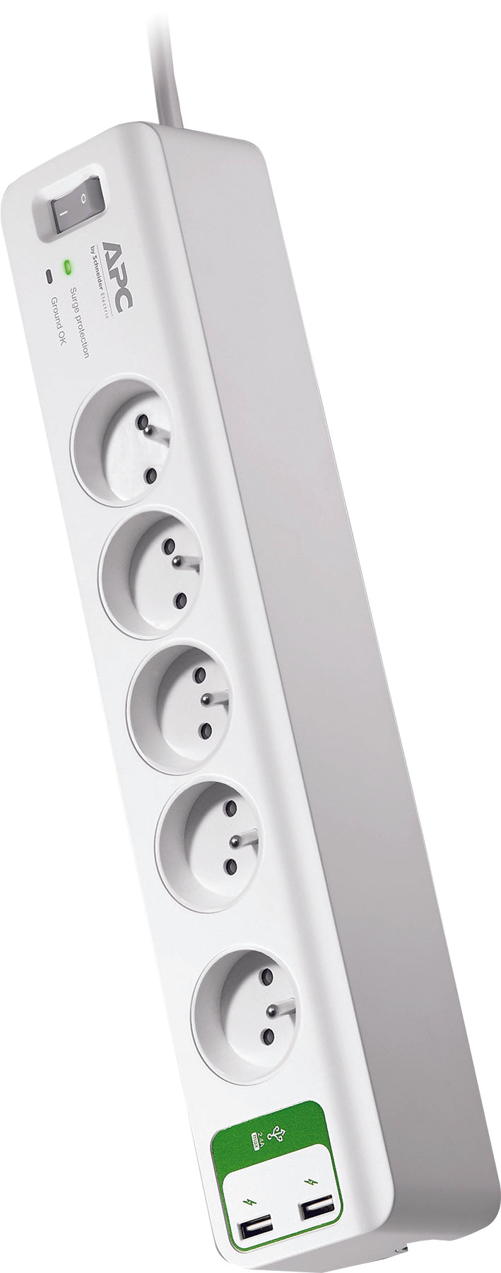 Bloc parafoudre 5 prises 2P+T (2300W) + 2 USB - Blanc  - Schneider