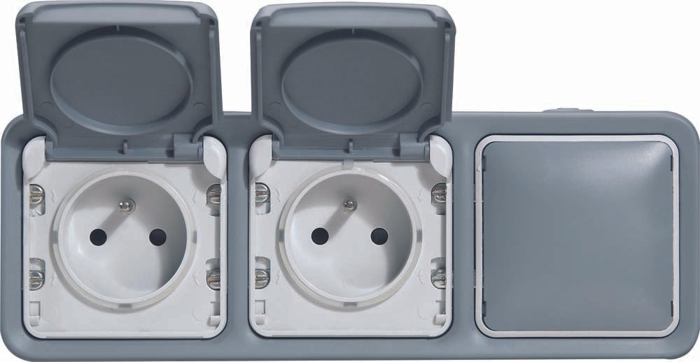 Double prise 2P+T 16A + obturateur complet saillie - Plexo - gris - Legrand