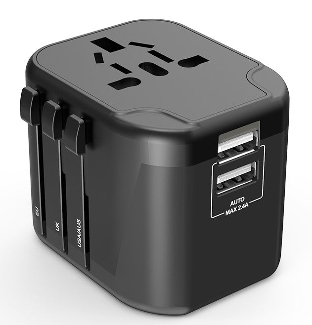 Adaptateur prise voyage universel international - 2 ports USB - compatible tous pays - noir - Dio