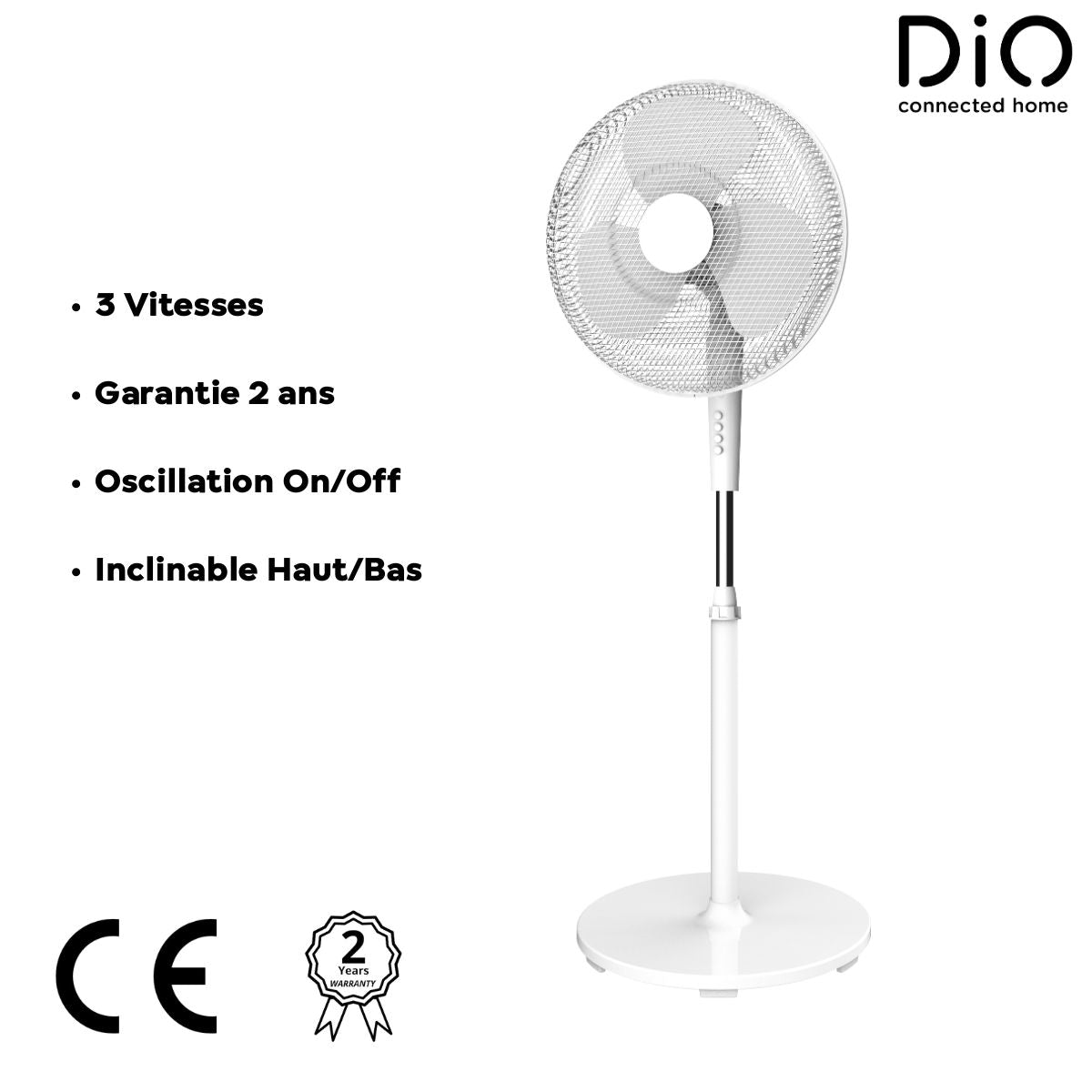 Ventilateur de Table Silencieux et Oscillant Blanc- 45W - 40cm Design Rond - 3 Vitesses - DIO