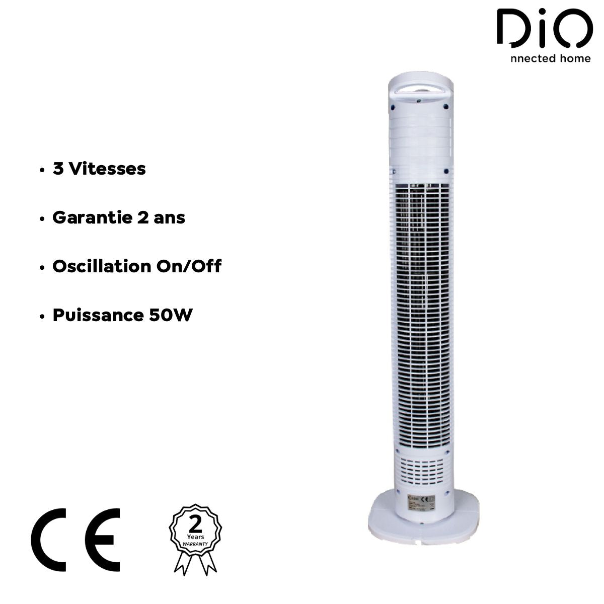 Ventilateur Colonne Silencieux et Oscillant Blanc - 50W - 79cm - 3 Vitesses - DIO