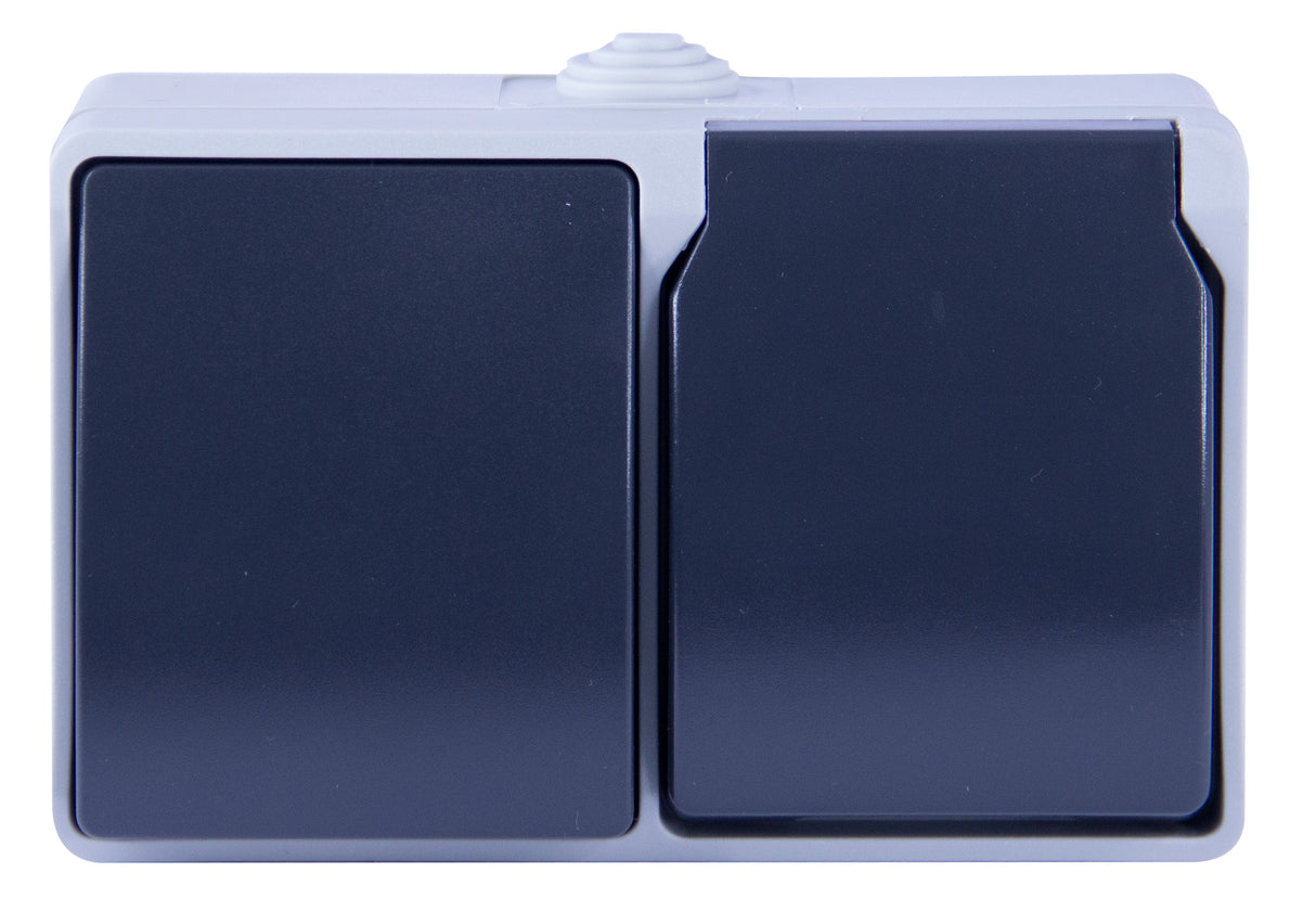 EnsembleVa et vient + prise 2P+T en saillie Aquatop IP54 - Gris et Blanc - Dio