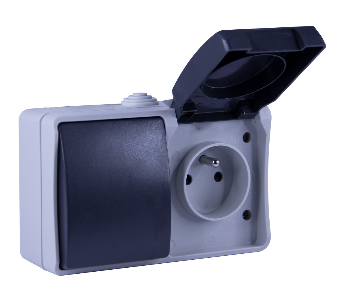 EnsembleVa et vient + prise 2P+T en saillie Aquatop IP54 - Gris et Blanc - Dio