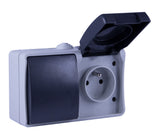 EnsembleVa et vient + prise 2P+T en saillie Aquatop IP54 - Gris et Blanc - Dio