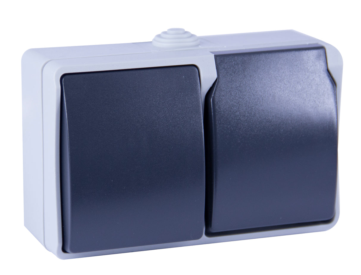 EnsembleVa et vient + prise 2P+T en saillie Aquatop IP54 - Gris et Blanc - Dio