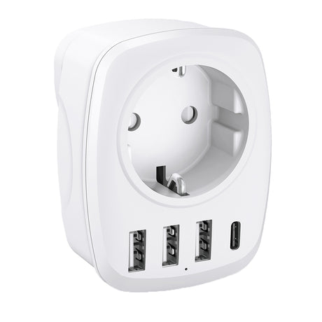 Adaptateur prise voyage UE/UK - 4 ports USB inclus - prise européenne vers prise UK - blanc - Voltman