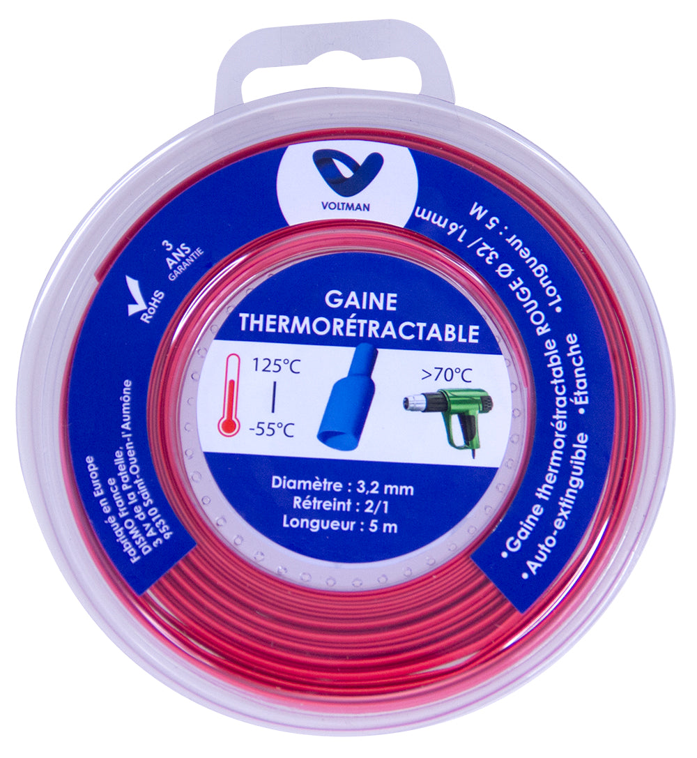 Gaine thermorétractable en dévidoir Ø 3,2/1,6MM X 5 mètres rouge