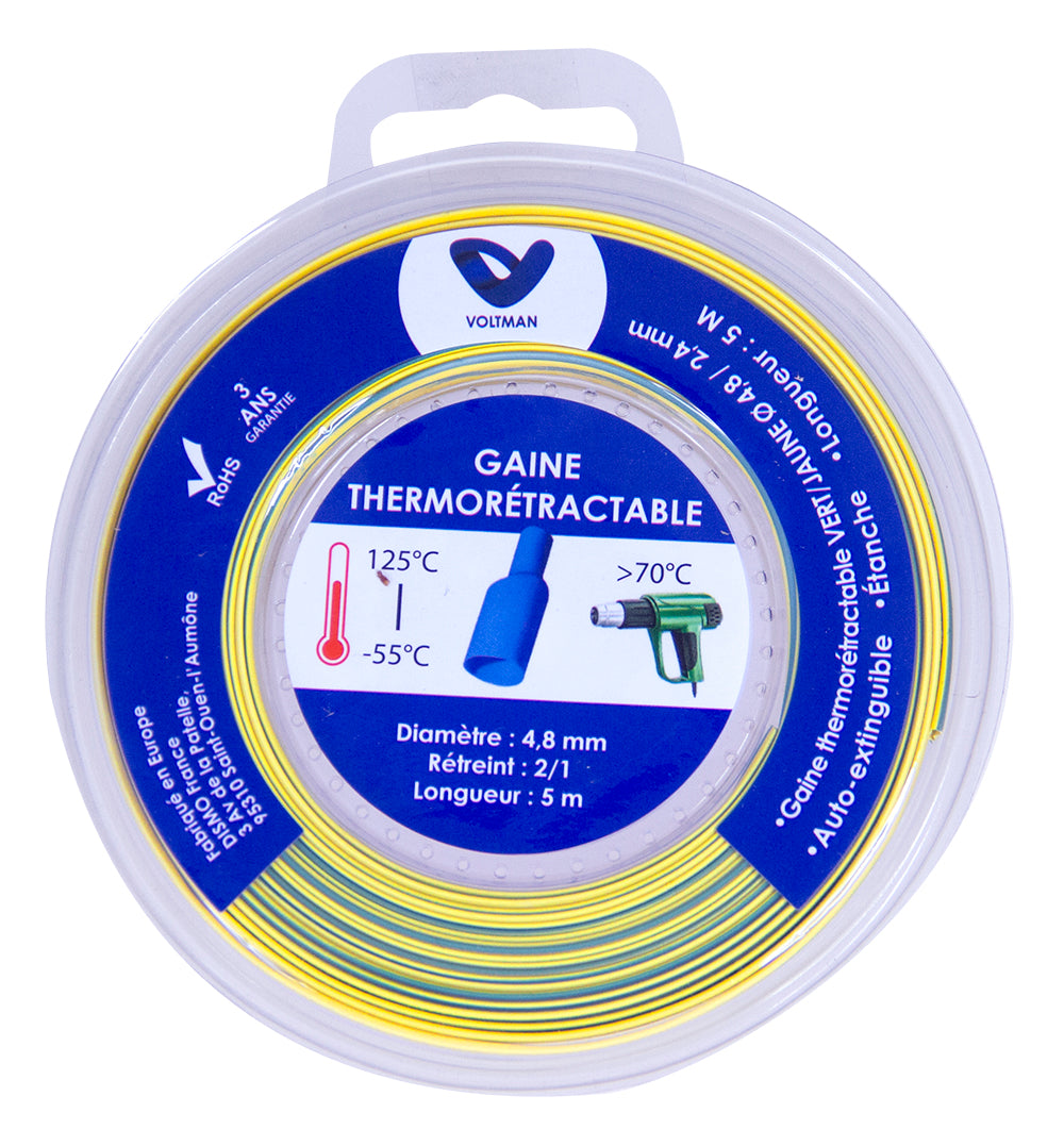 Gaine thermoratractable Ø 4,8/2,4mm X 5 mètres, auto-extinguible, vert/jaune, étanche