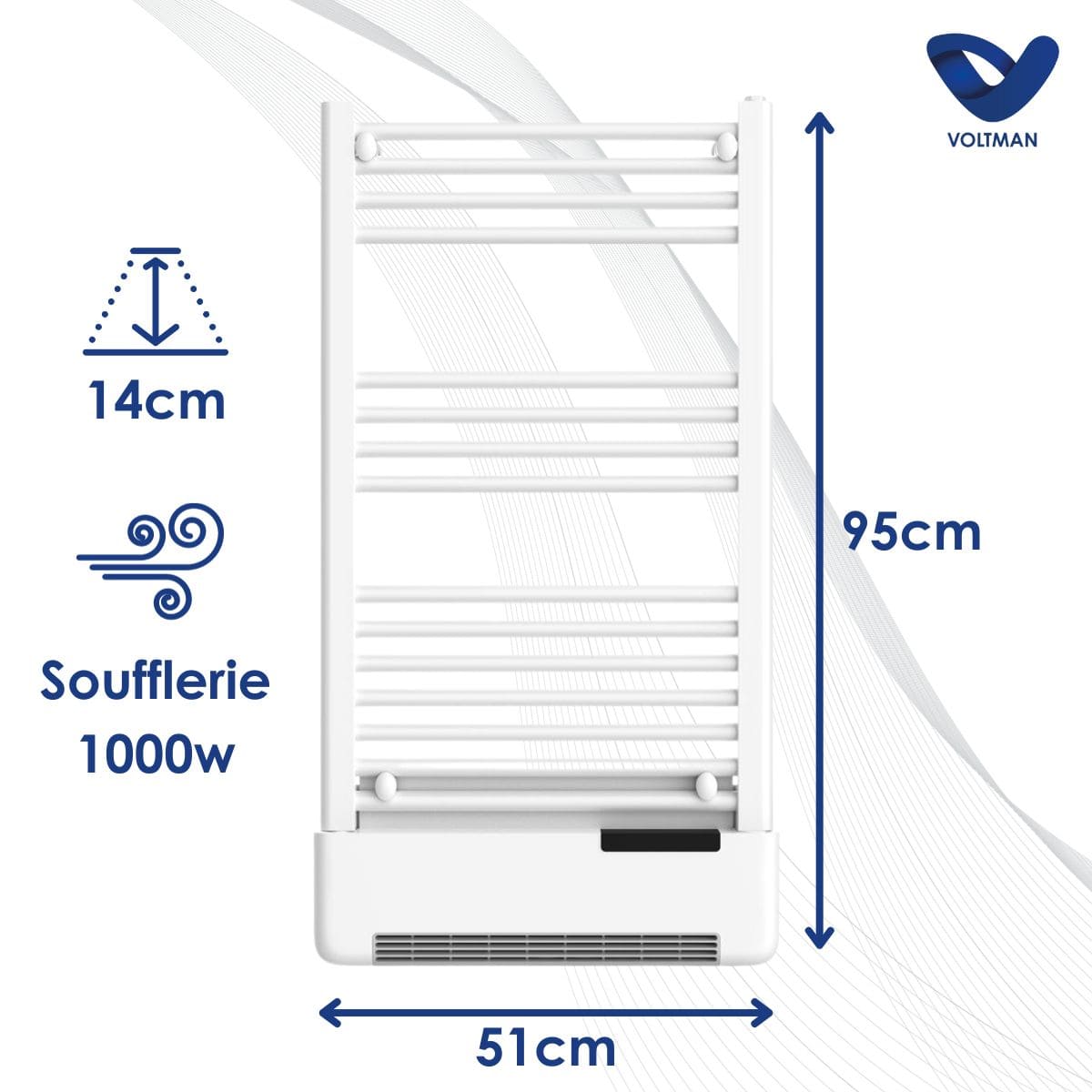 Radiateur sèche-serviettes vertical 500W - Soufflerie 1000W - Inertie fluide - Programmation digitale - Liza  - Voltman