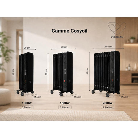 Radiateur bain d'huile CosyOil 1000 à 2000W - façade verre trempé - Voltman