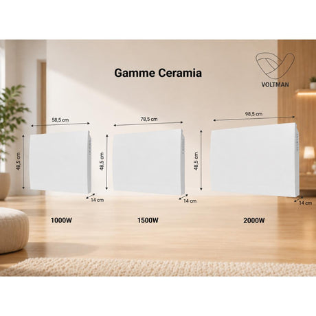 Radiateur céramique  Wifi 1000 à 2000W - façade acier blanc - Voltman