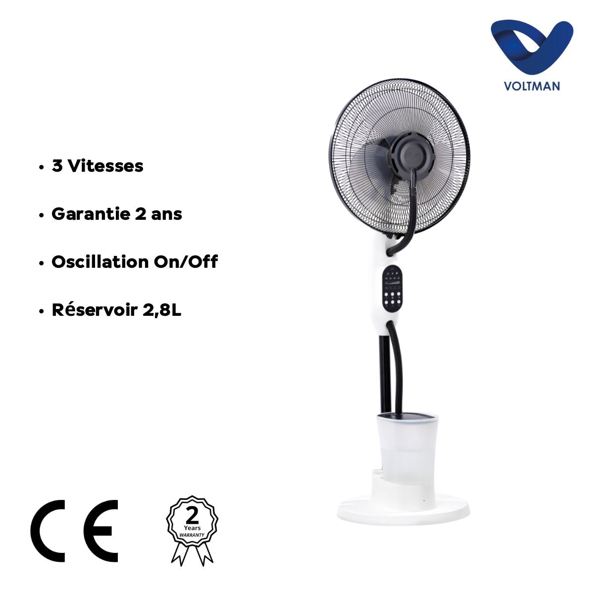 Ventilateur Brumisateur Silencieux et Oscillant - 75W - Blanc 40cm - 3 Vitesses - Voltman