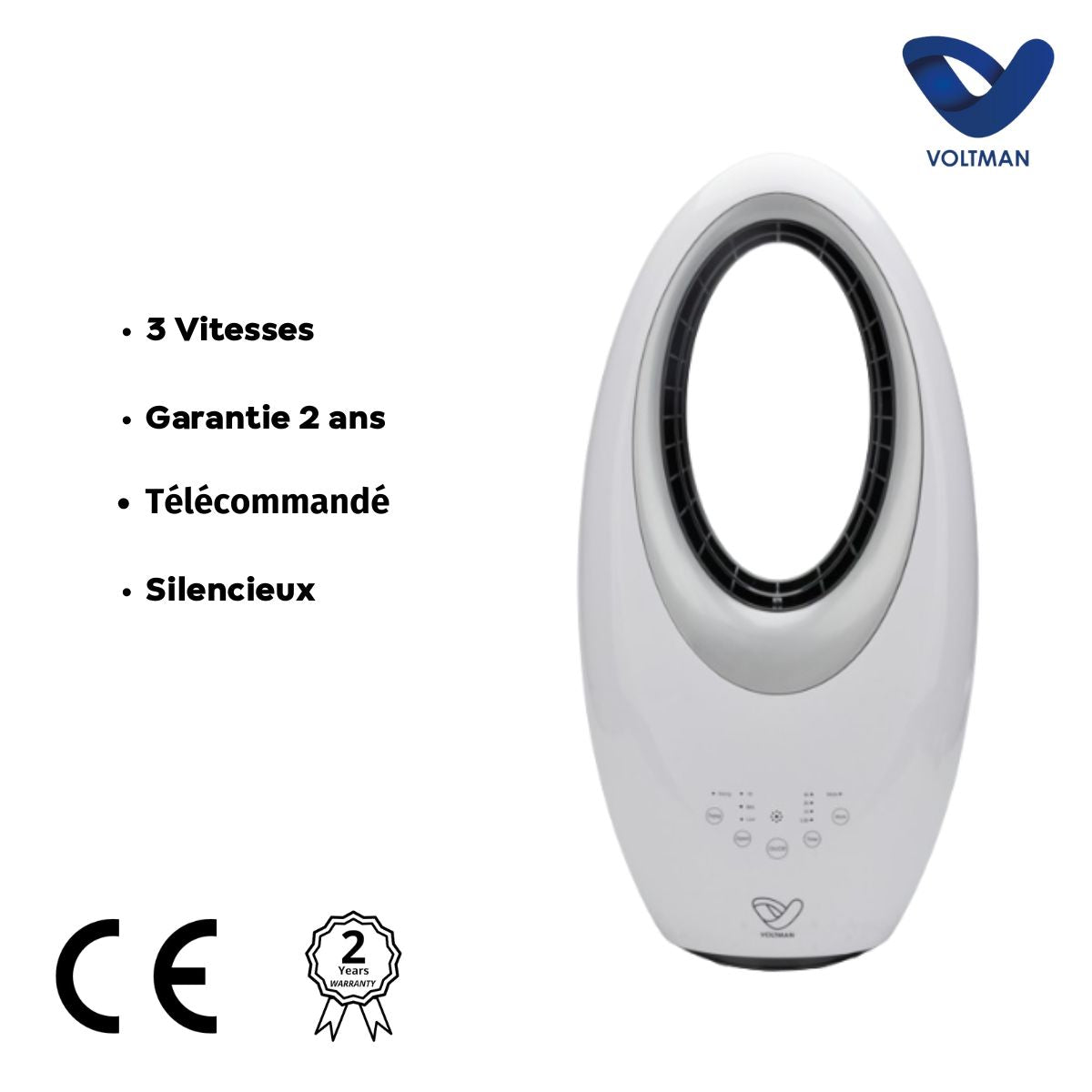 Ventilateur colonne blanc silencieux et oscillant - 50W - Télécommande 3 vitesses - Voltman