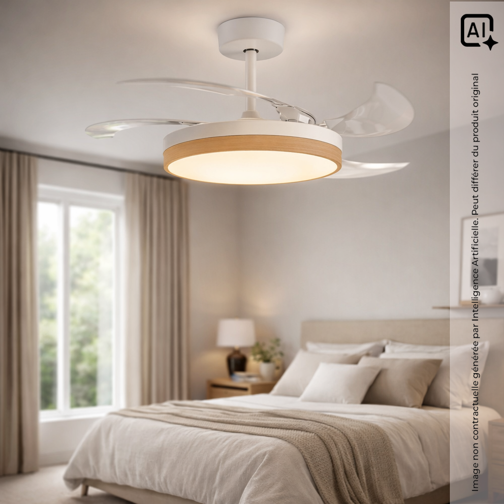 Ventilateur de plafond + éclairage + pâles rétractables Ø91 cm - blanc - Voltman