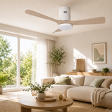 Ventilateur de plafond connecté + éclairage Ø105 cm - blanc et bois - Voltman
