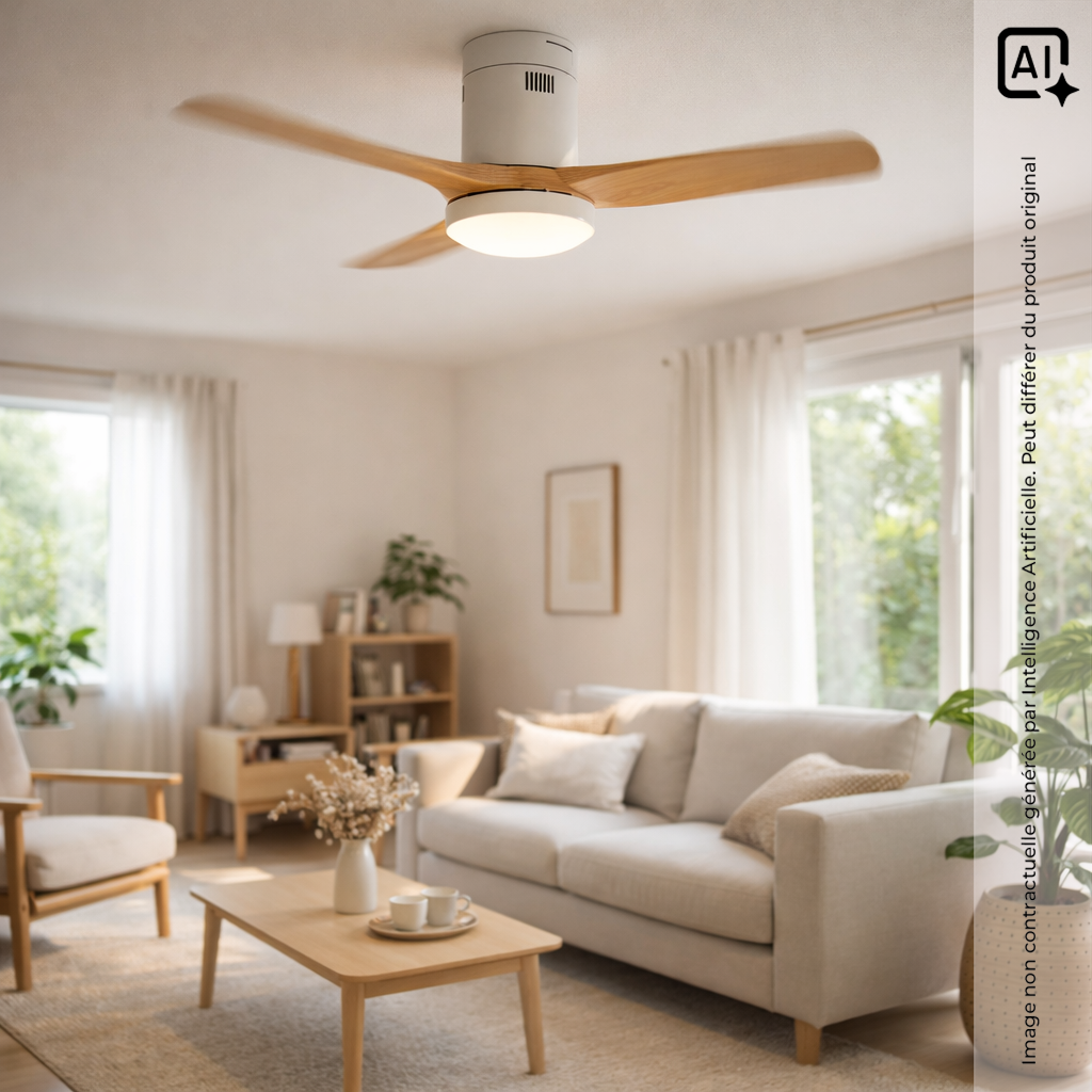 Ventilateur de plafond connecté + éclairage Ø105 cm - blanc et bois - Voltman
