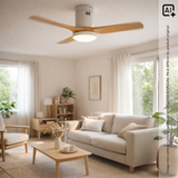 Ventilateur de plafond connecté + éclairage Ø105 cm - blanc et bois - Voltman