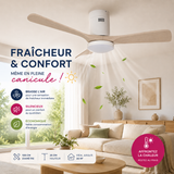 Ventilateur de plafond connecté + éclairage Ø105 cm - blanc et bois - Voltman