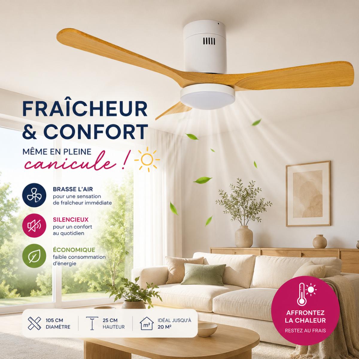 Ventilateur de plafond connecté + éclairage Ø105 cm - blanc et bois - Voltman