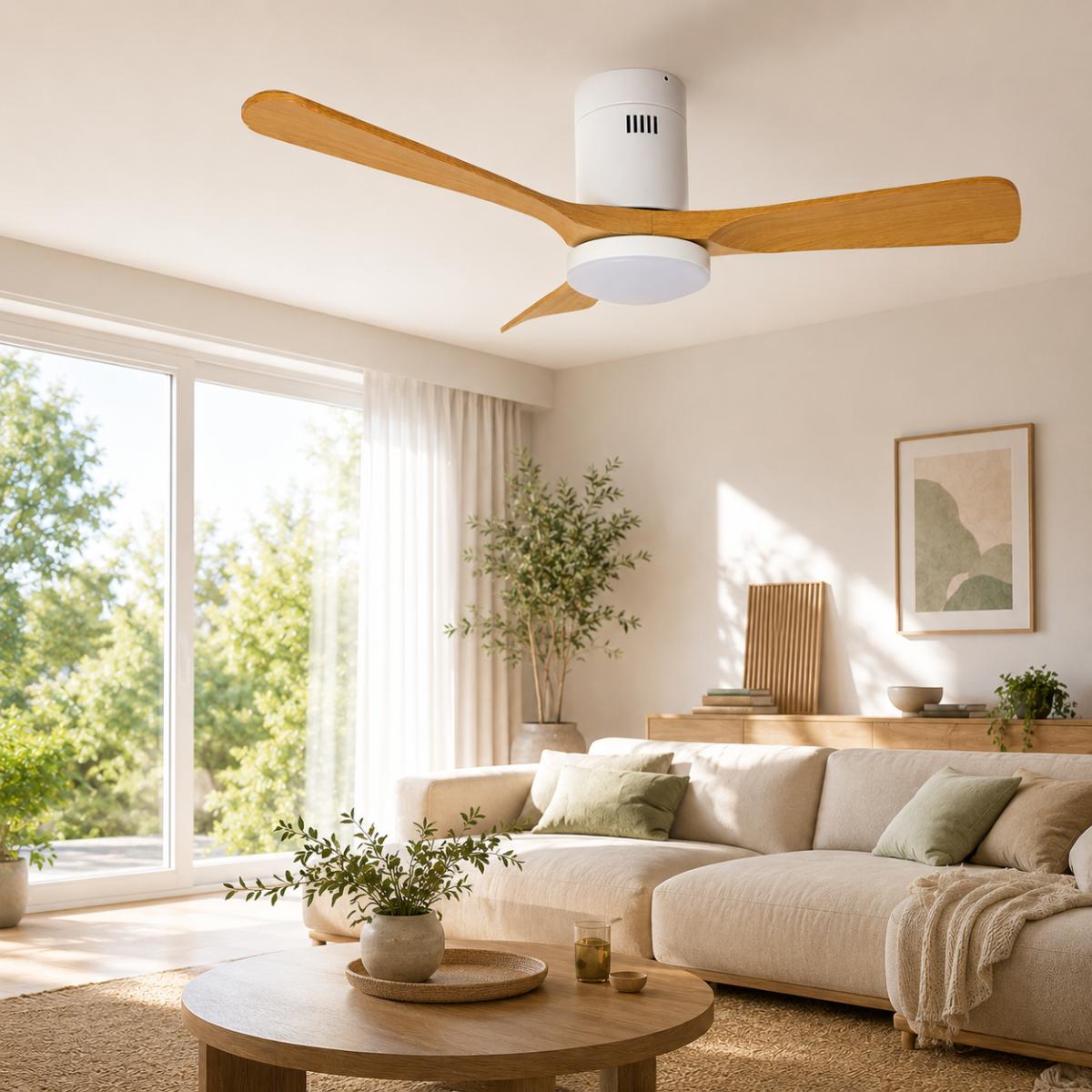 Ventilateur de plafond connecté + éclairage Ø105 cm - blanc et bois - Voltman