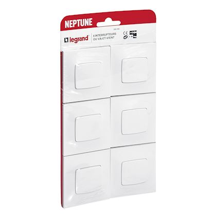 Lot de 6 interrupteurs va-et-vients 10A complet Neptune - Blanc