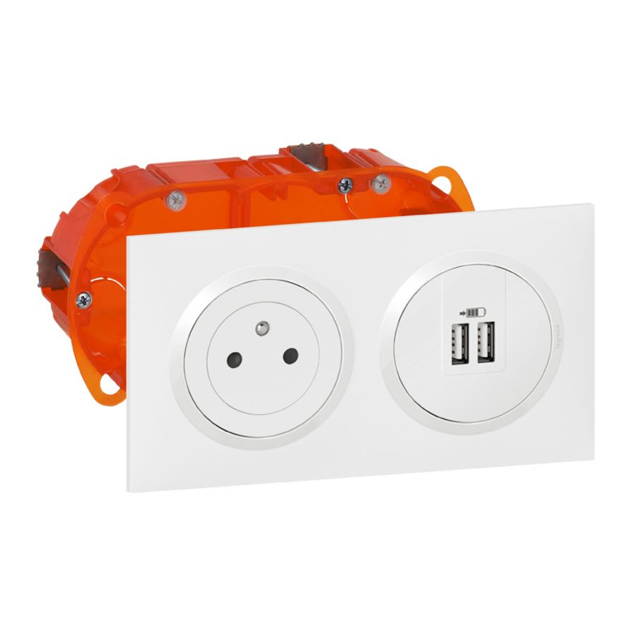 Prise 2P+T 16A + 2USB 2,4A + boite encastrement Dooxie - Legrand