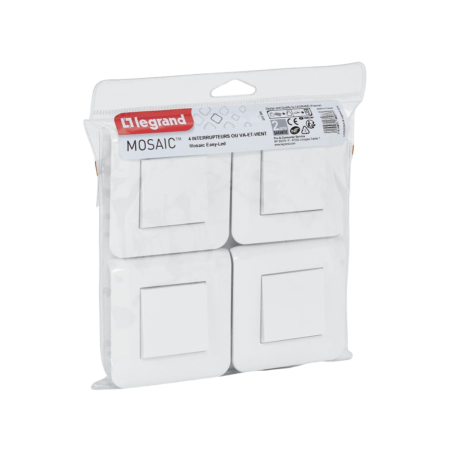 Lot de 4 interrupteurs va-et-vient 10A complet Mosaic - Blanc