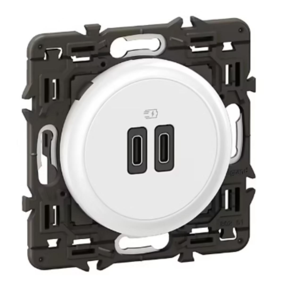 Prise 2 USB Céliane 20W Power Delivery Type-C+C enjoliveur + support - Legrand