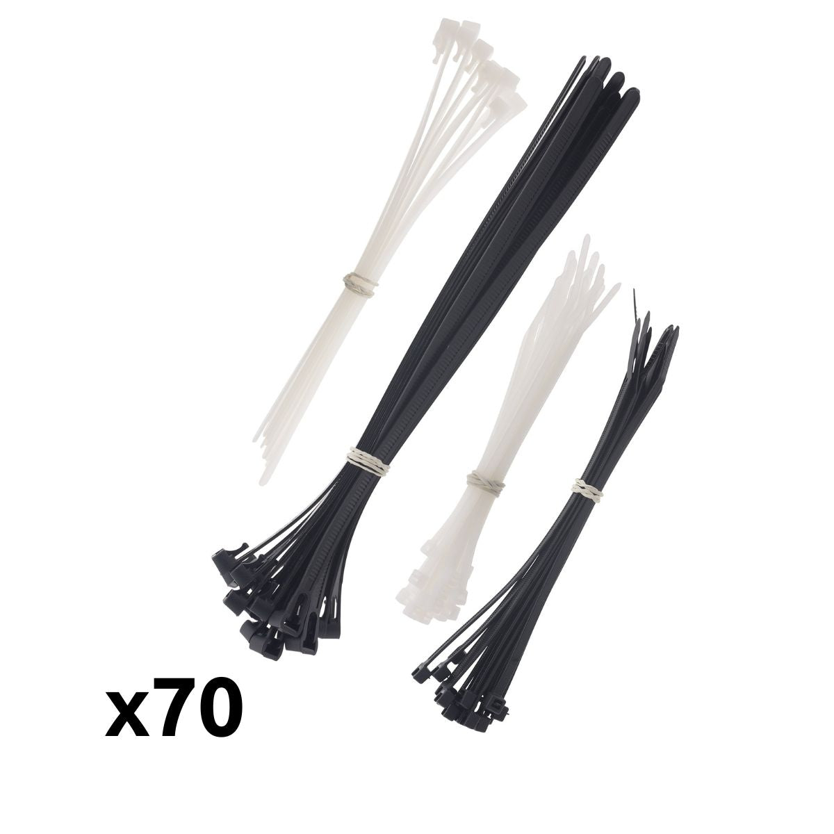 Lot de 70 colliers réutilisables 20x 3,6x 140 blanc + 20x 4,8x 200 noir + 15x 200x7,6 blanc + 15x 250x7,6 noir