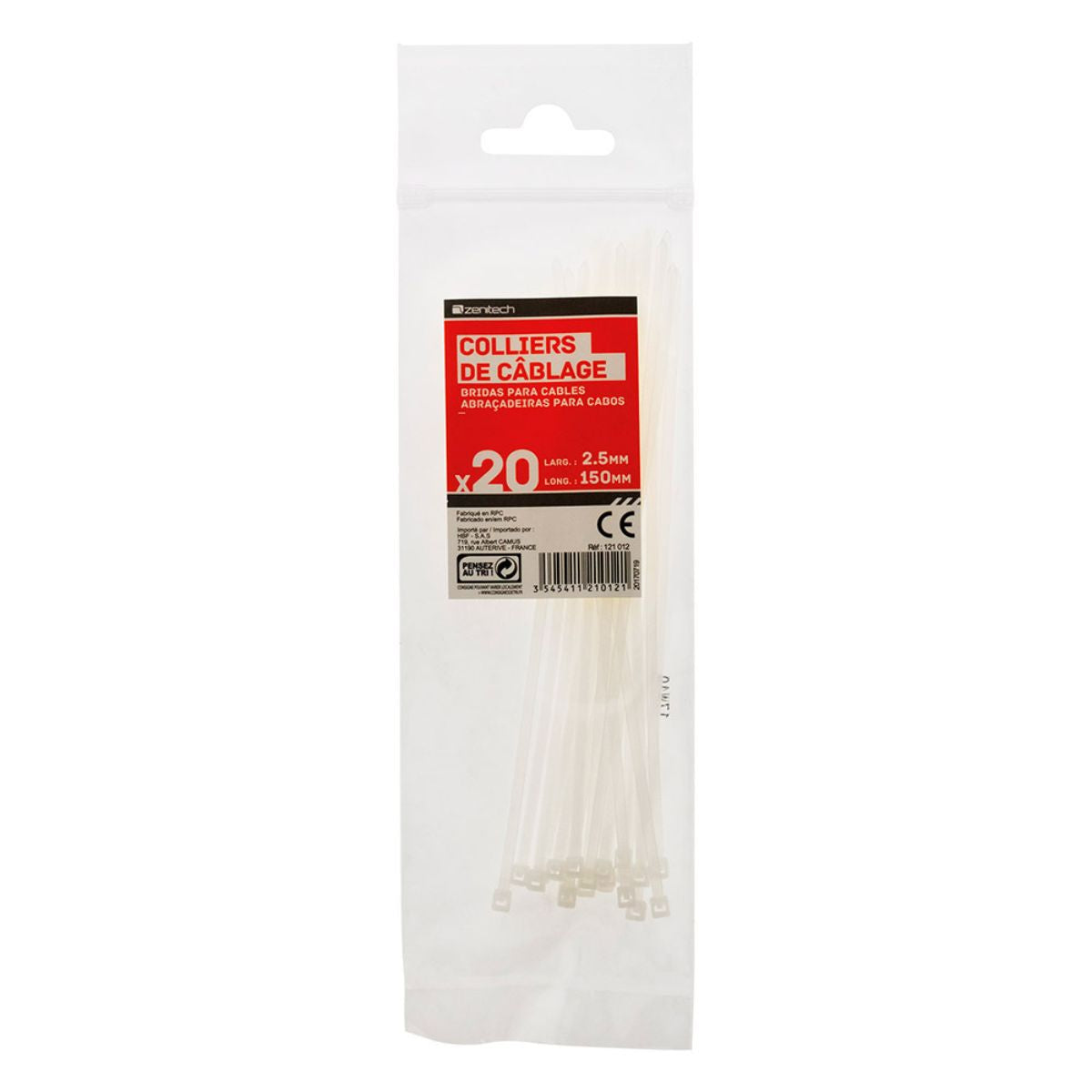 Lot de 20 colliers de câblage 2,5x 150mm Transparents - Zenitech