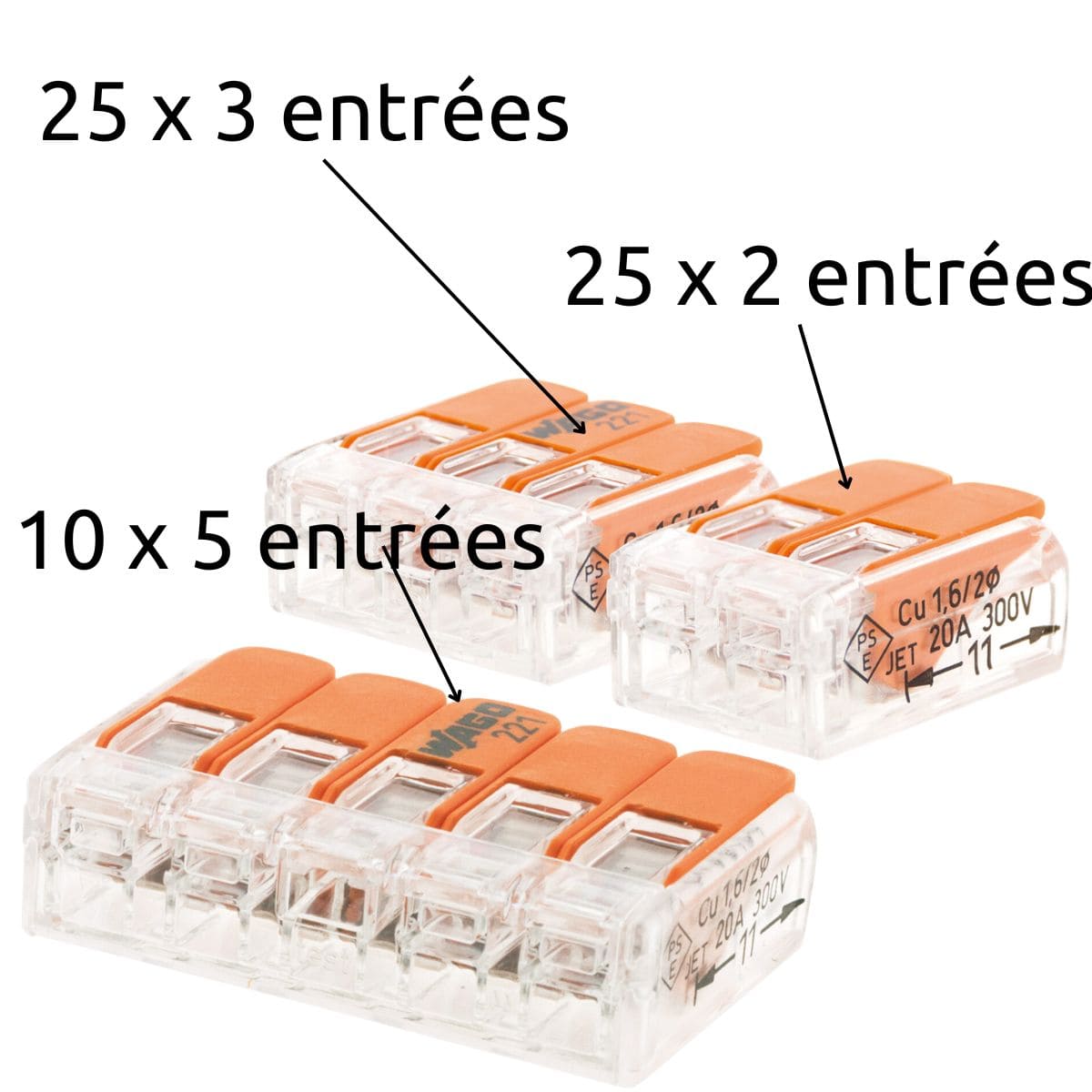 Lot de 60 bornes de raccordement S221 Compact - 2/3/5 conducteurs avec leviers 4mm² - orange - Wago