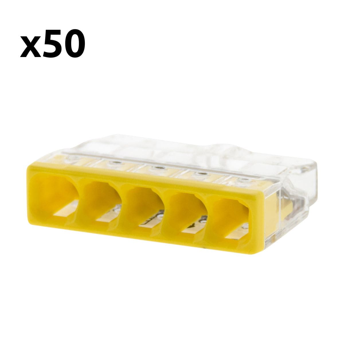 Lot de 50 bornes S2273 - Connexion rapide - 5 conducteurs - fils rigides 2.5mm² - jaune - Wago