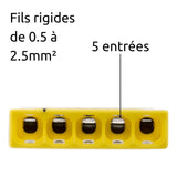 Lot de 50 bornes S2273 - Connexion rapide - 5 conducteurs - fils rigides 2.5mm² - jaune - Wago