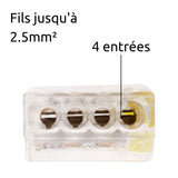 Lot de 10 bornes S2273 - Connexion rapide - 4 conducteurs - fils rigides 2.5mm² - jaune - Wago