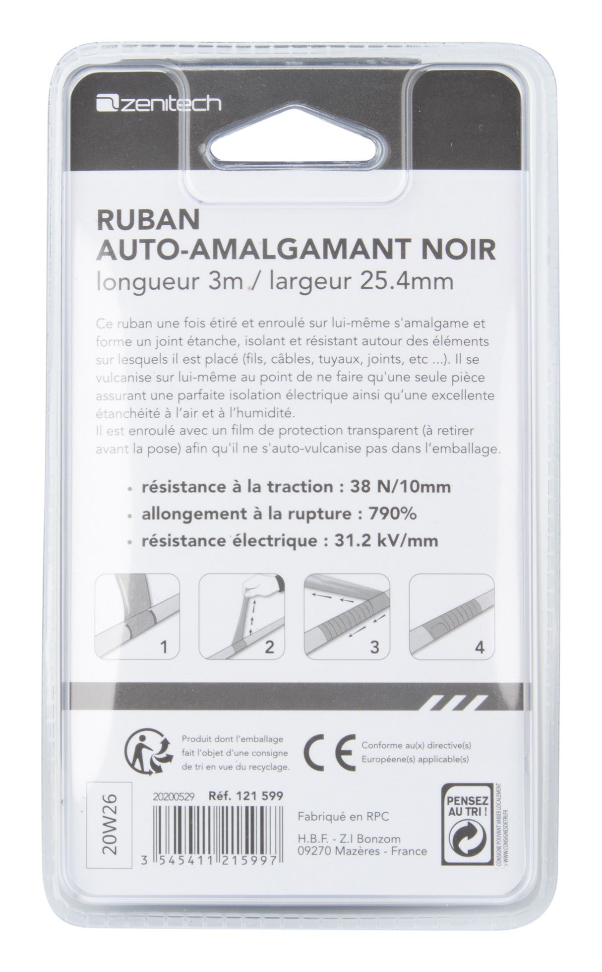 Ruban addhésif auto-amalgamant - 1x3m - Noir - Zenitech