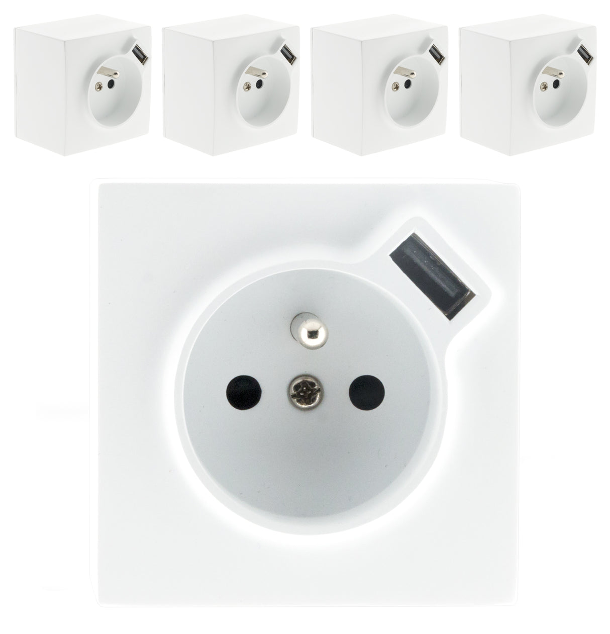 Lot de 5 Prises 2P+T + USB 2.4A en saillie blanc RAL 9010