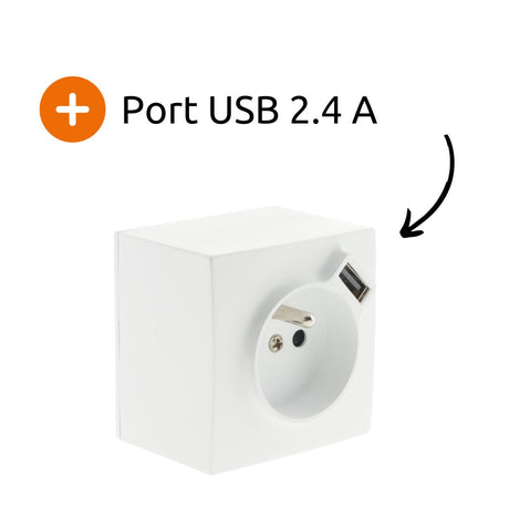 Lot de 5 Prises 2P+T + USB 2.4A en saillie blanc RAL 9010