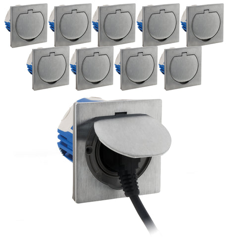 Lot de 10 Prises de sol 16A 2P+T finition alu brossé - IP55 avec boîte d'installation - Simplea