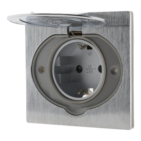 Prise de sol 16A Schuko alu brossé - IP44 + boîte installation - Zenitech