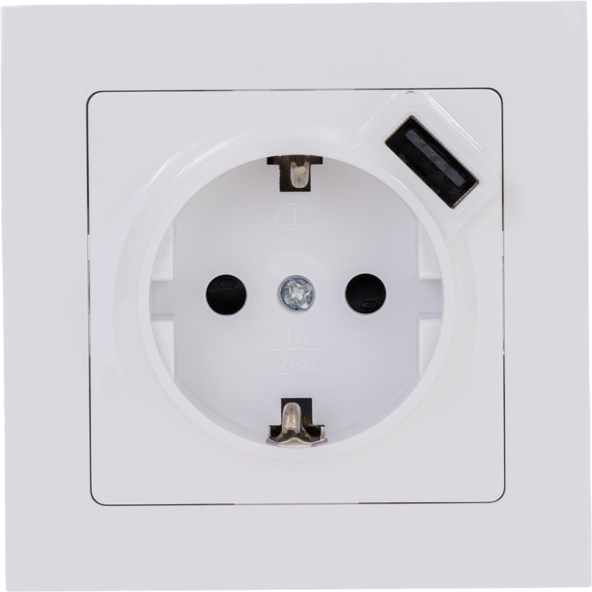 Prise Schuko + USB A encastrés + plaque de finition Kalya - Blanc - Zenitech