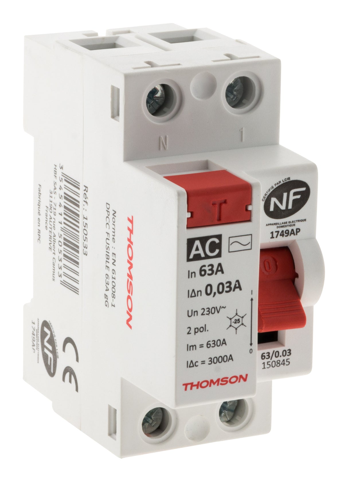 Interrupteur différentiel à vis 63A type AC NF - Thomson
