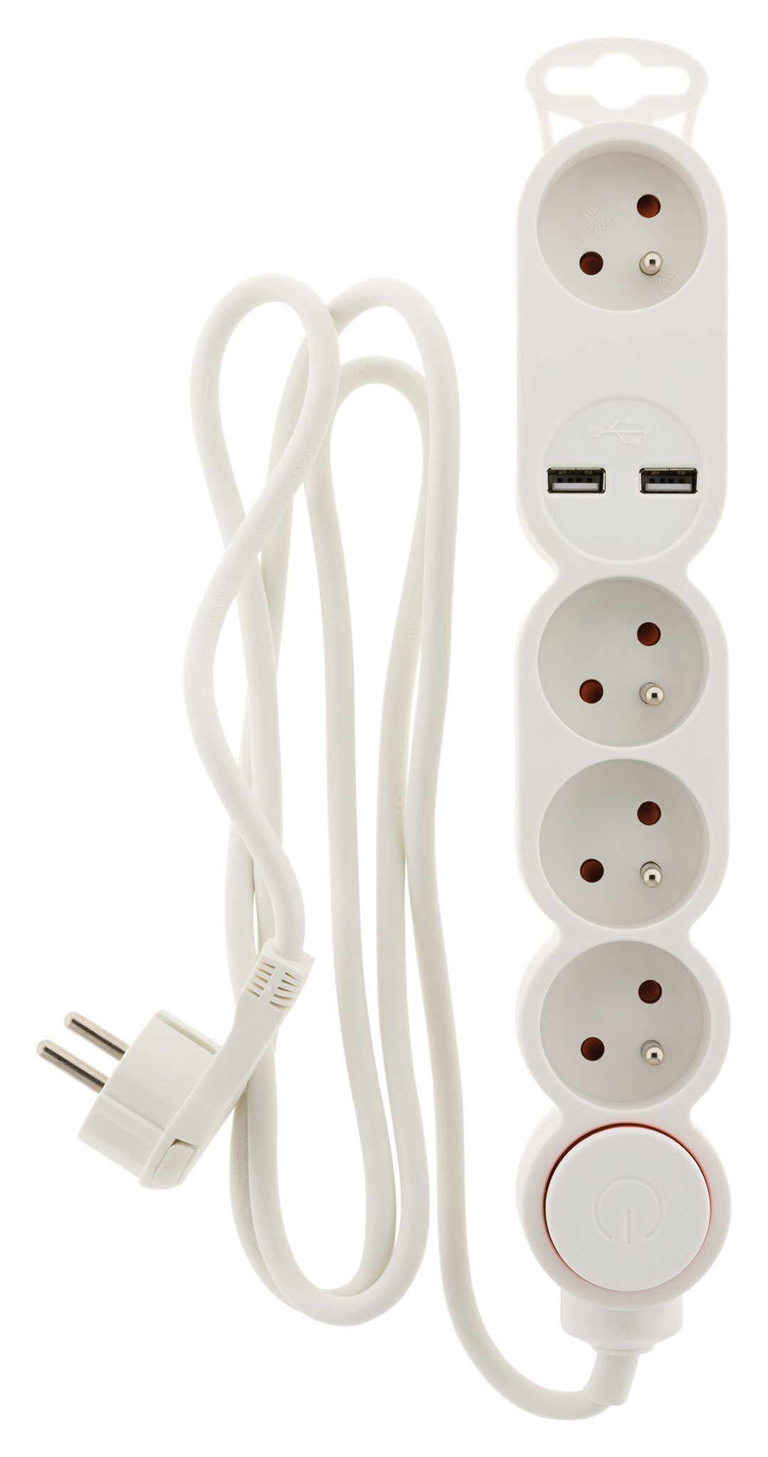 Bloc Home 4 prises 16A 2P+T + 2x USB 2,1A avec interrupteur et fiche extraplate - Blanc - câble HO5VV-F 3G1 1,5m - Zenitech