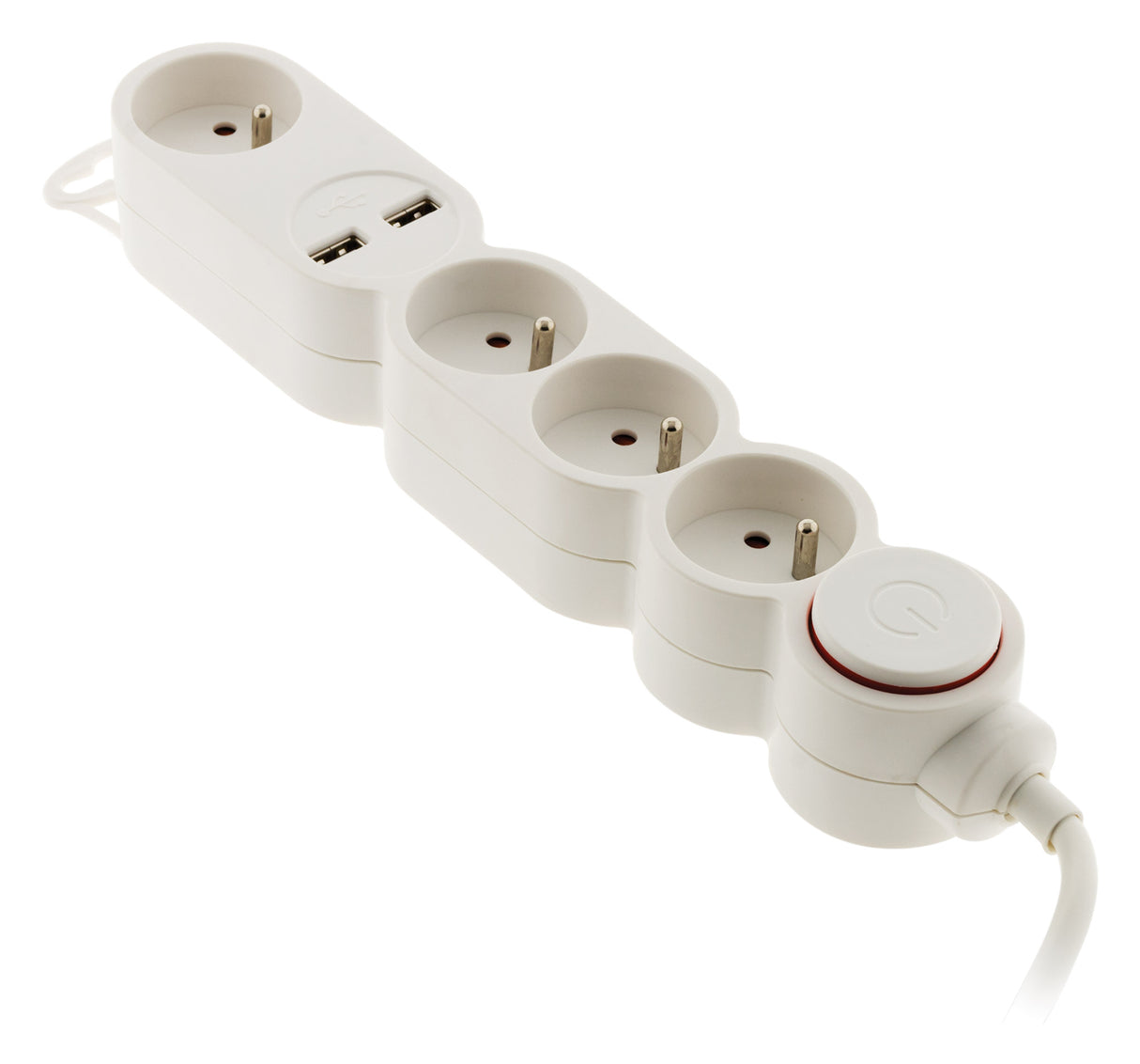 Bloc Home 4 prises 16A 2P+T + 2x USB 2,1A avec interrupteur et fiche extraplate - Blanc - câble HO5VV-F 3G1 1,5m - Zenitech