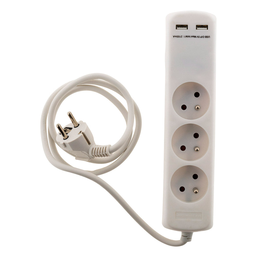 Bloc 3 prises 16A 2P+T avec 2x USB en 2.1A câble H05VV-F 3G1mm² 1m - Zenitech