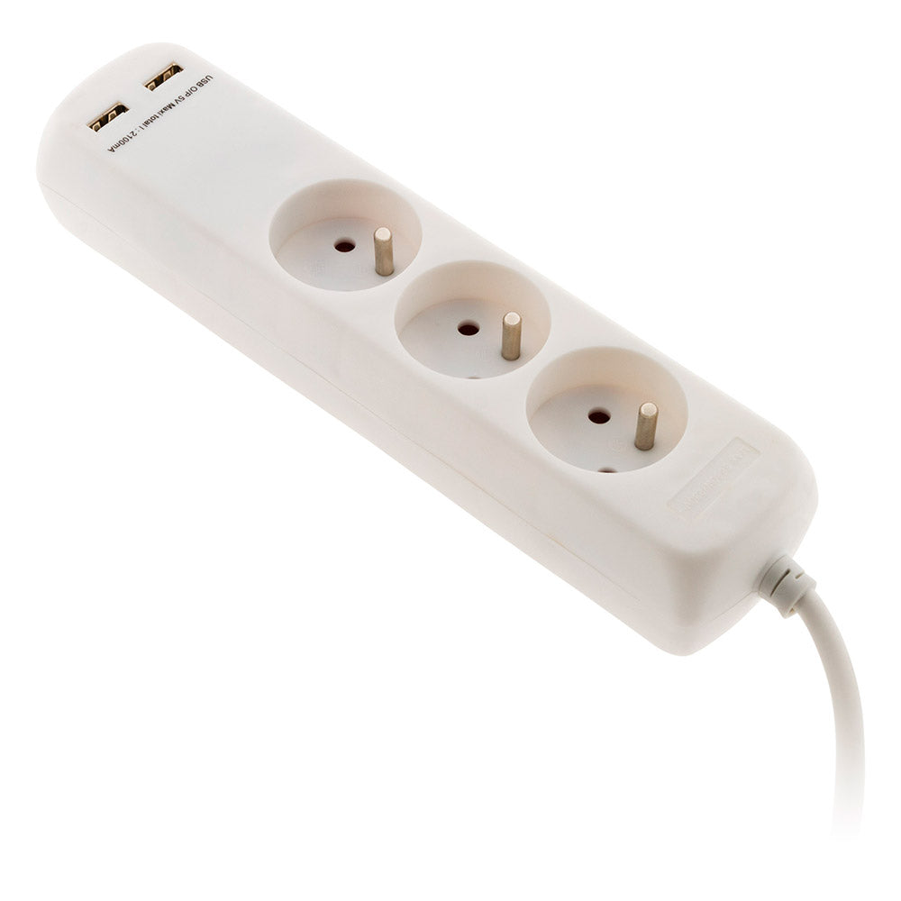 Bloc 3 prises 16A 2P+T avec 2x USB en 2.1A câble H05VV-F 3G1mm² 1m - Zenitech