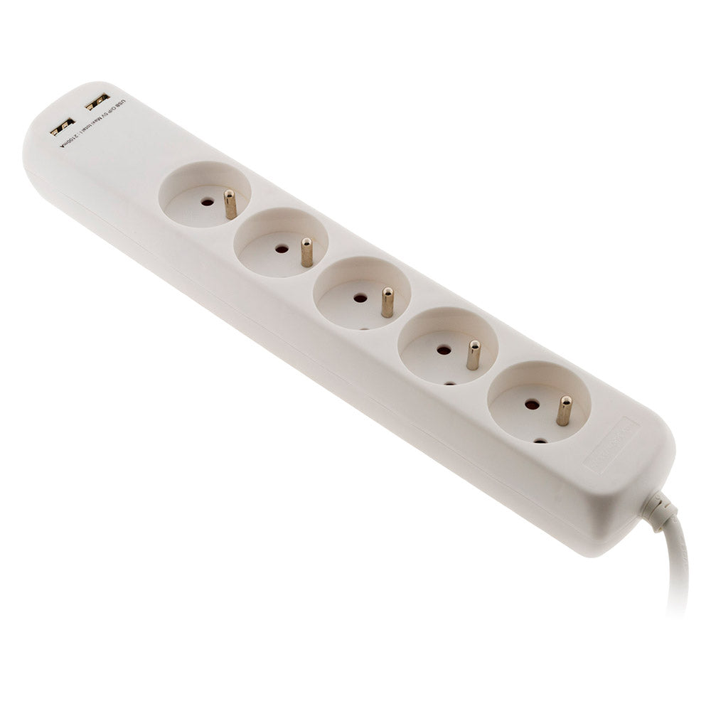 Bloc 5 prises 16A 2P+T avec 2x USB en 2.1A câble H05VV-F 3G1mm² 1m - Zenitech