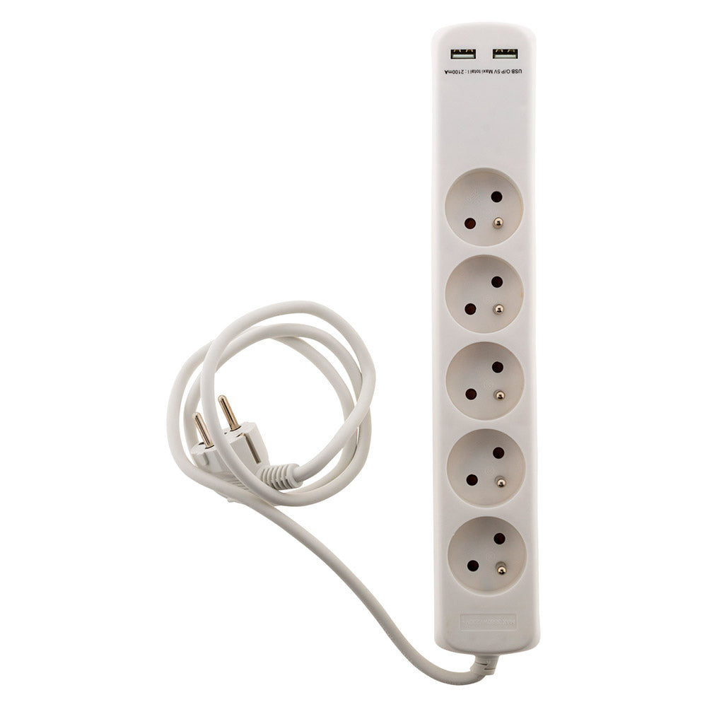 Bloc 5 prises 16A 2P+T avec 2x USB en 2.1A câble H05VV-F 3G1mm² 1m - Zenitech